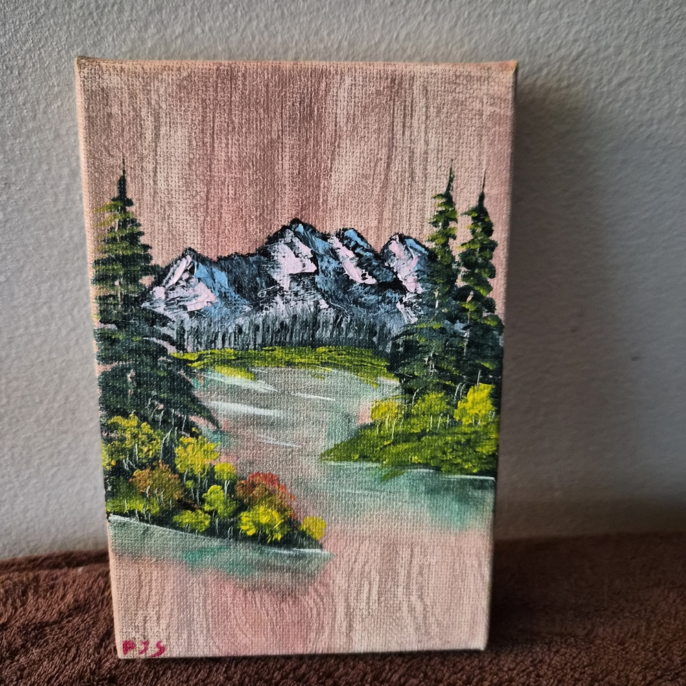 Hand Painted Canvas Oil Paint Bob Ross Inspired Hand Mixed Colors Mountains.